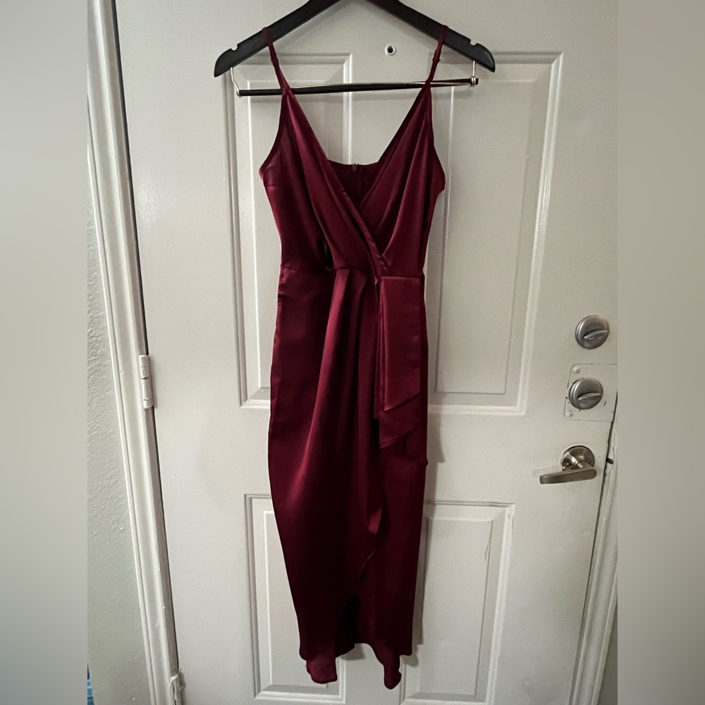 Nasty Gal Burgundy Satin Spaghetti Adjustable Strap Midi Wrap Dress Sz 2 - Picture 1 of 13